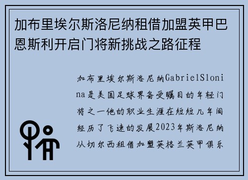 加布里埃尔斯洛尼纳租借加盟英甲巴恩斯利开启门将新挑战之路征程
