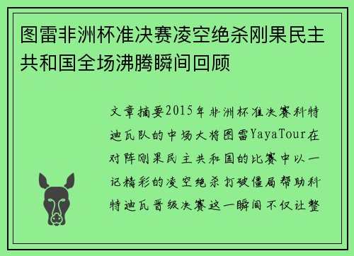 图雷非洲杯准决赛凌空绝杀刚果民主共和国全场沸腾瞬间回顾